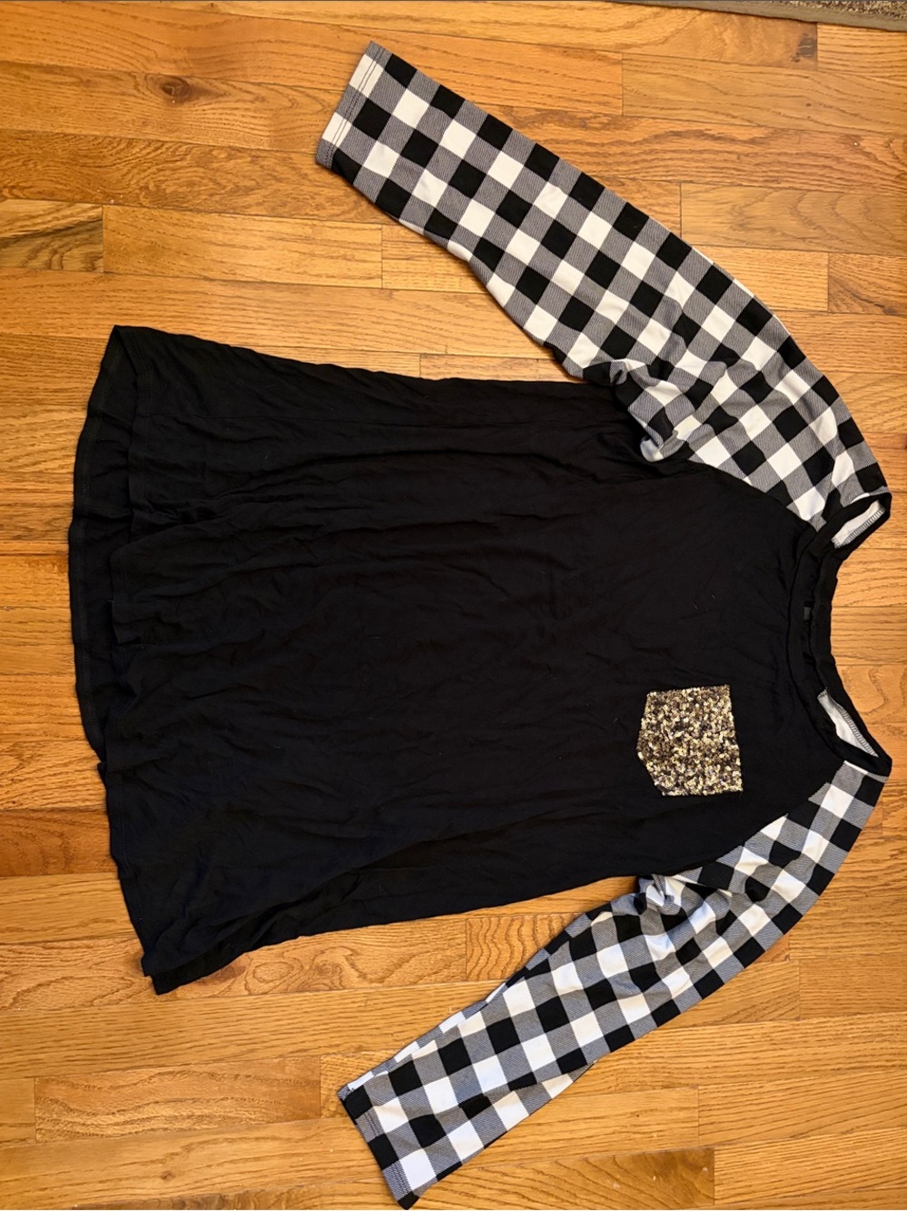 Voll Style Black Top with Black & White Check Sleeves and Gold Sequin Pocket
